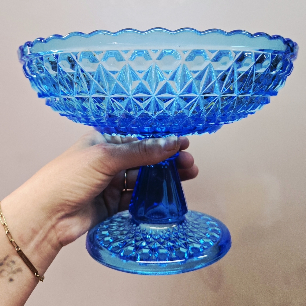 EAPG Central Glass Company Aqua Blue Pedestal Dish Compote Pressed  Diamond #775